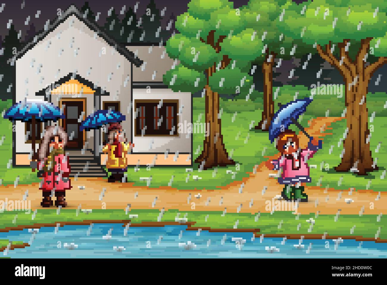Cartoon glückliche Mädchen tragen Regenschirm unter dem Regen vor einem Haus Stock Vektor