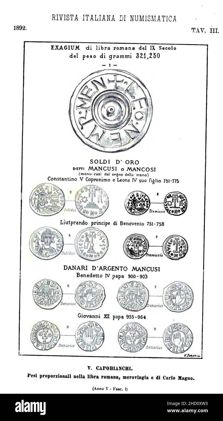 Rivista italiana di numismatica 1892 tavola III. Stockfoto