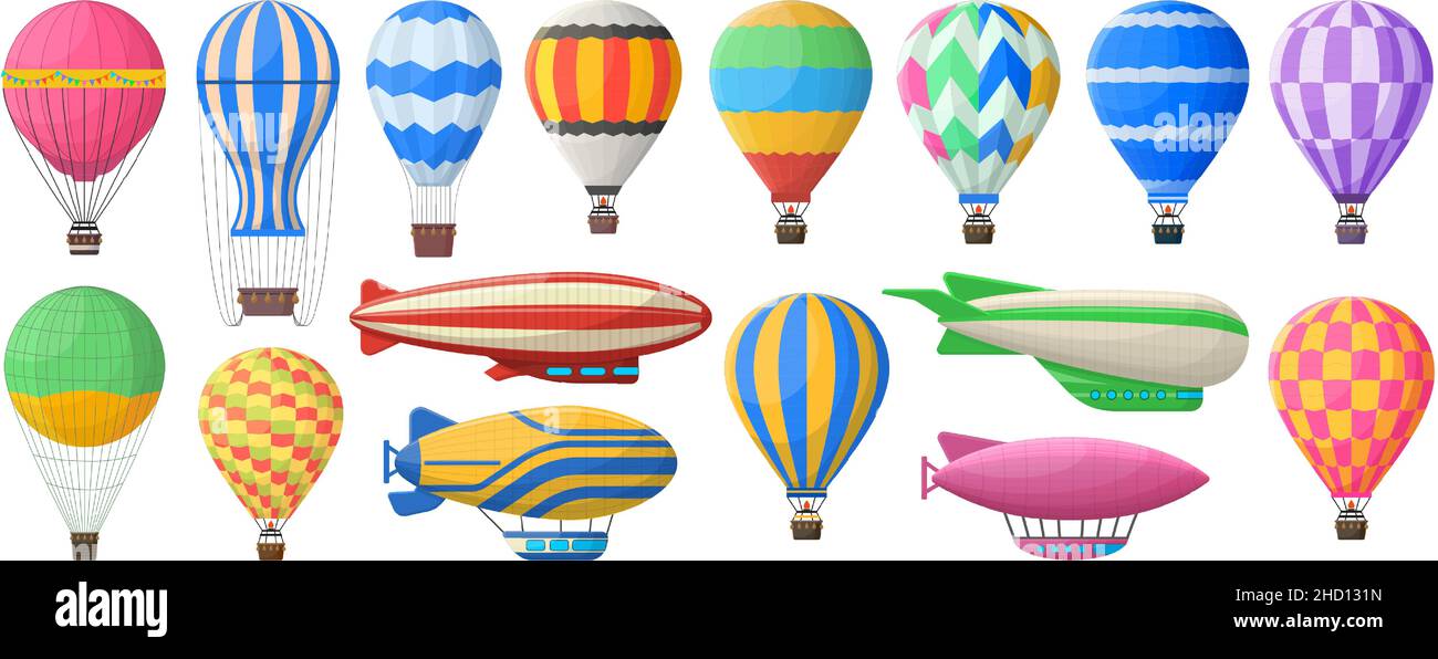Heißluftballon, Fliegen Vintage Aerostat und Luftschiffe. Vintage Sky Transport, Flugreise fliegende Aerostat Vektor-Symbole gesetzt. Retro Luftschiff und heiß Stock Vektor