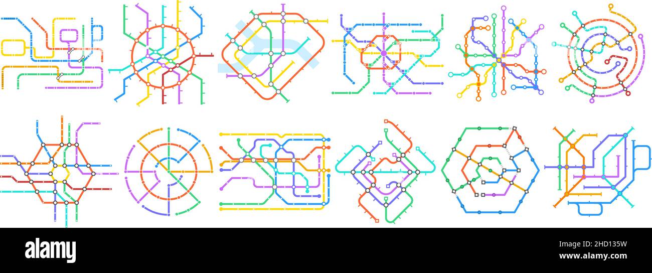 U-Bahn-Karten, öffentliche Verkehrsmittel, U-Bahn-Systeme. U-Bahn-Transport-Systeme, öffentlicher Verkehr Plan Vektor-Illustration-Set Stock Vektor