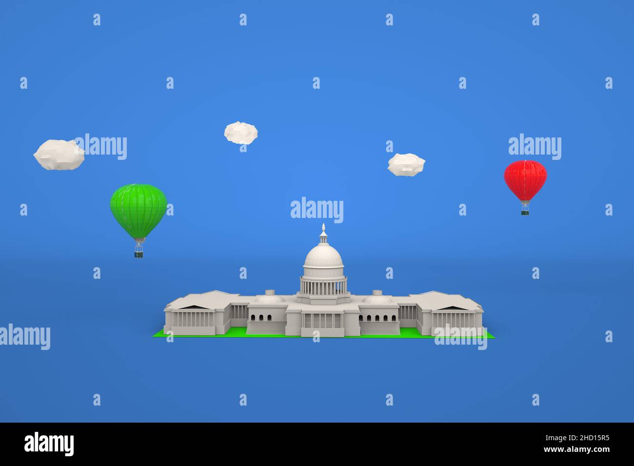 3D weißer Tempel, Palast auf blauem isoliertem Hintergrund. 3D grafisches isometrisches Modell. Bunte Ballons auf dem Hintergrund. 3D Grafiken Stockfoto