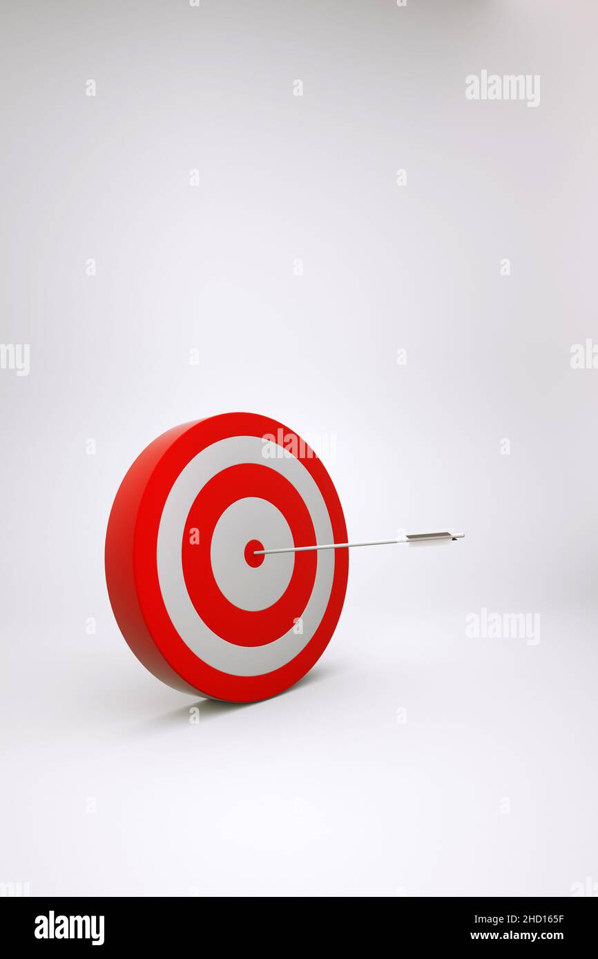 Realistisches 3D-Modell eines roten Ziels mit einem Pfeil in der Mitte auf einem weißen isolierten Hintergrund. Rotes Ziel, Ziel, Darts Spiel. 3D Grafiken Stockfoto