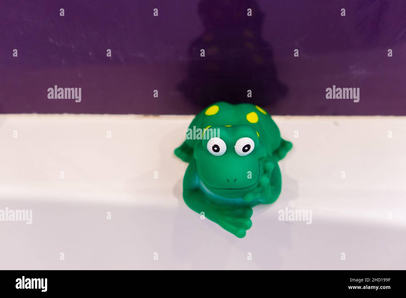 Nahaufnahme eines Froschspielzeugs im Plastikbad Stockfoto