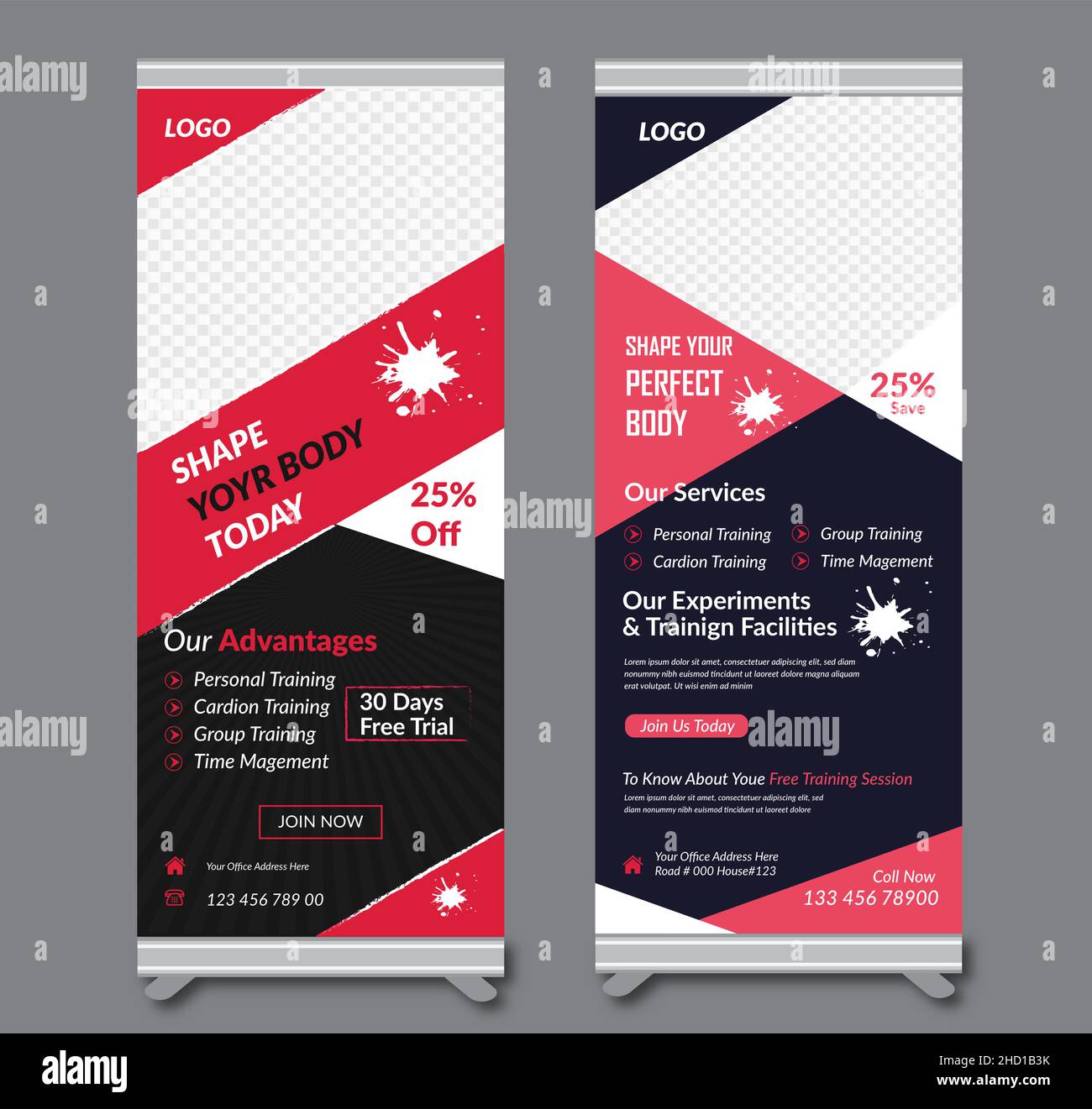 Fitness & Gym Roll Up Banner Template Design Stock Vektor