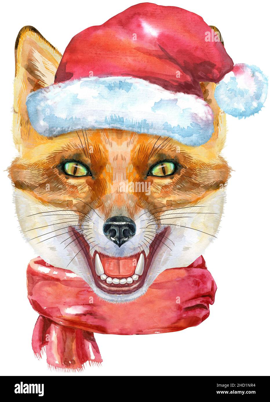 Fuchs-Porträt in Weihnachtsmütze und rotem Schal. Aquarell orange Fuchs Malerei Illustration. Wunderschöne Tierwelt Stockfoto
