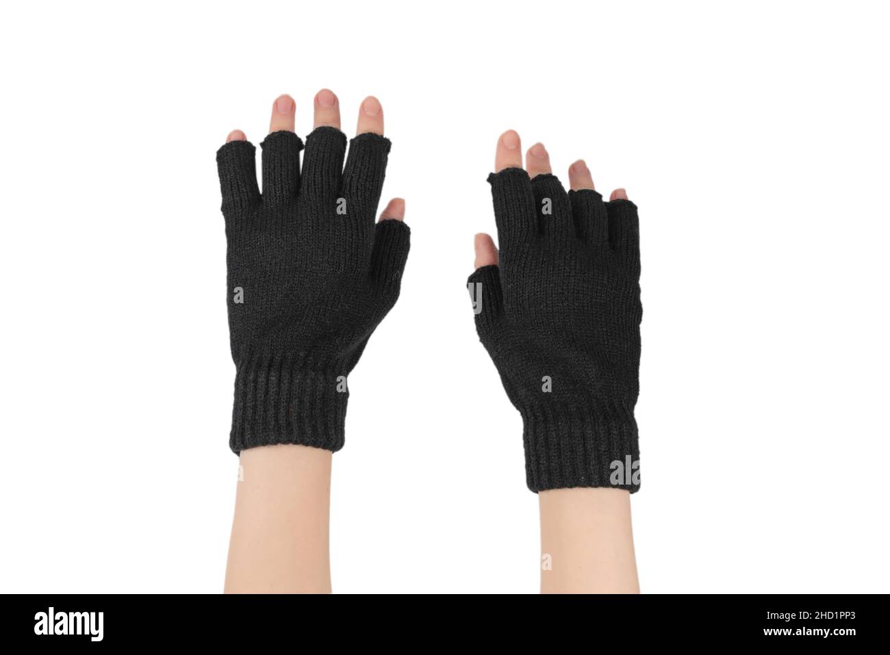 Frau Hände in warmen Handschuhen isoliert auf weißem Hintergrund. Stockfoto