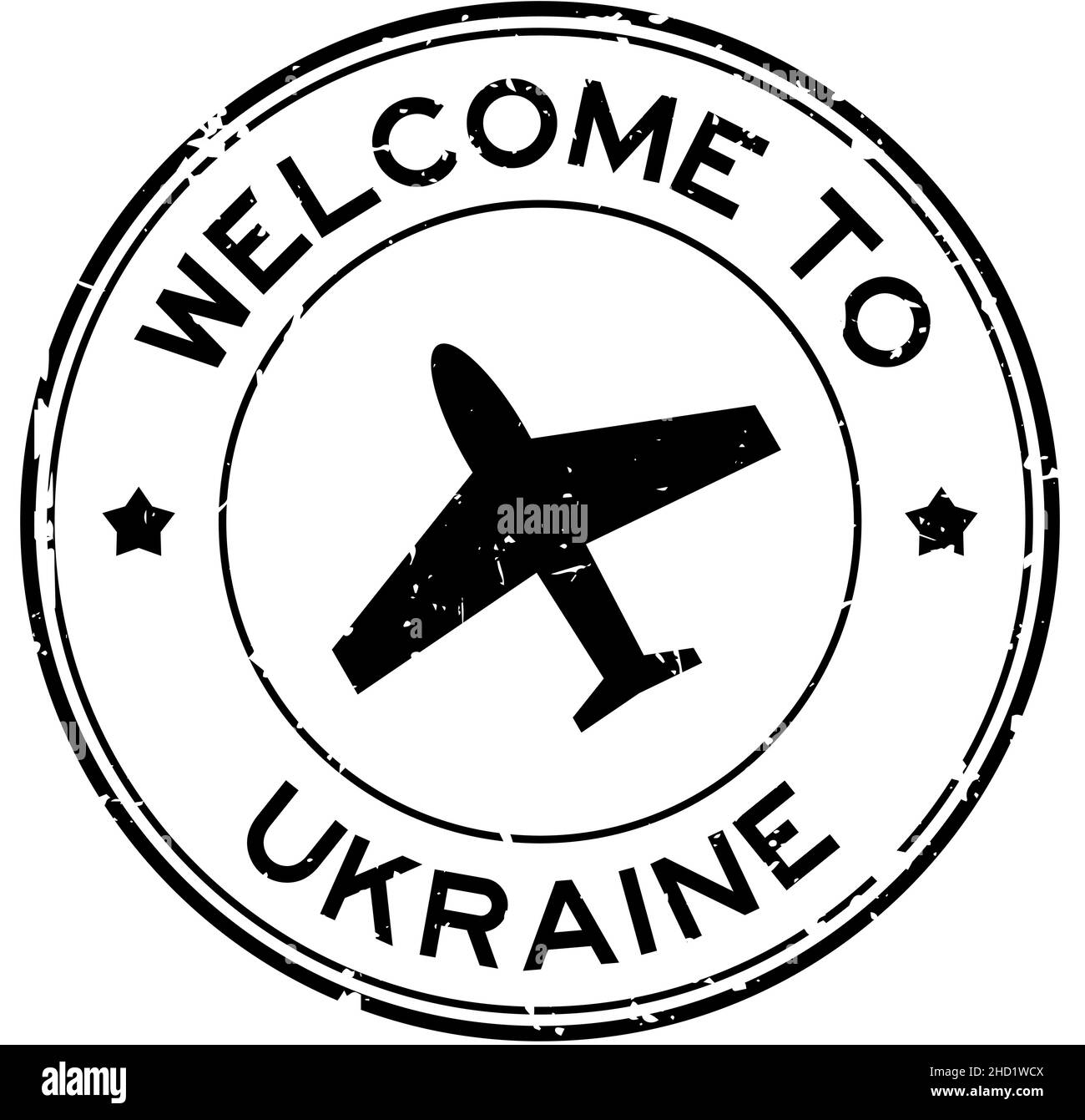 Grunge schwarz Willkommen in der Ukraine Wort mit Flugzeug-Symbol rund Gummi-Siegel-Stempel auf weißem Hintergrund Stock Vektor