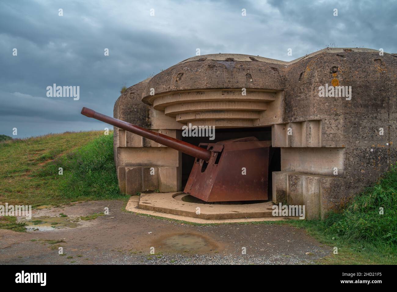 Die Longues-sur-Mer Batterie ist eine deutsche Artilleriebatterie des Zweiten Weltkriegs in der Normandie, Frankreich Stockfoto