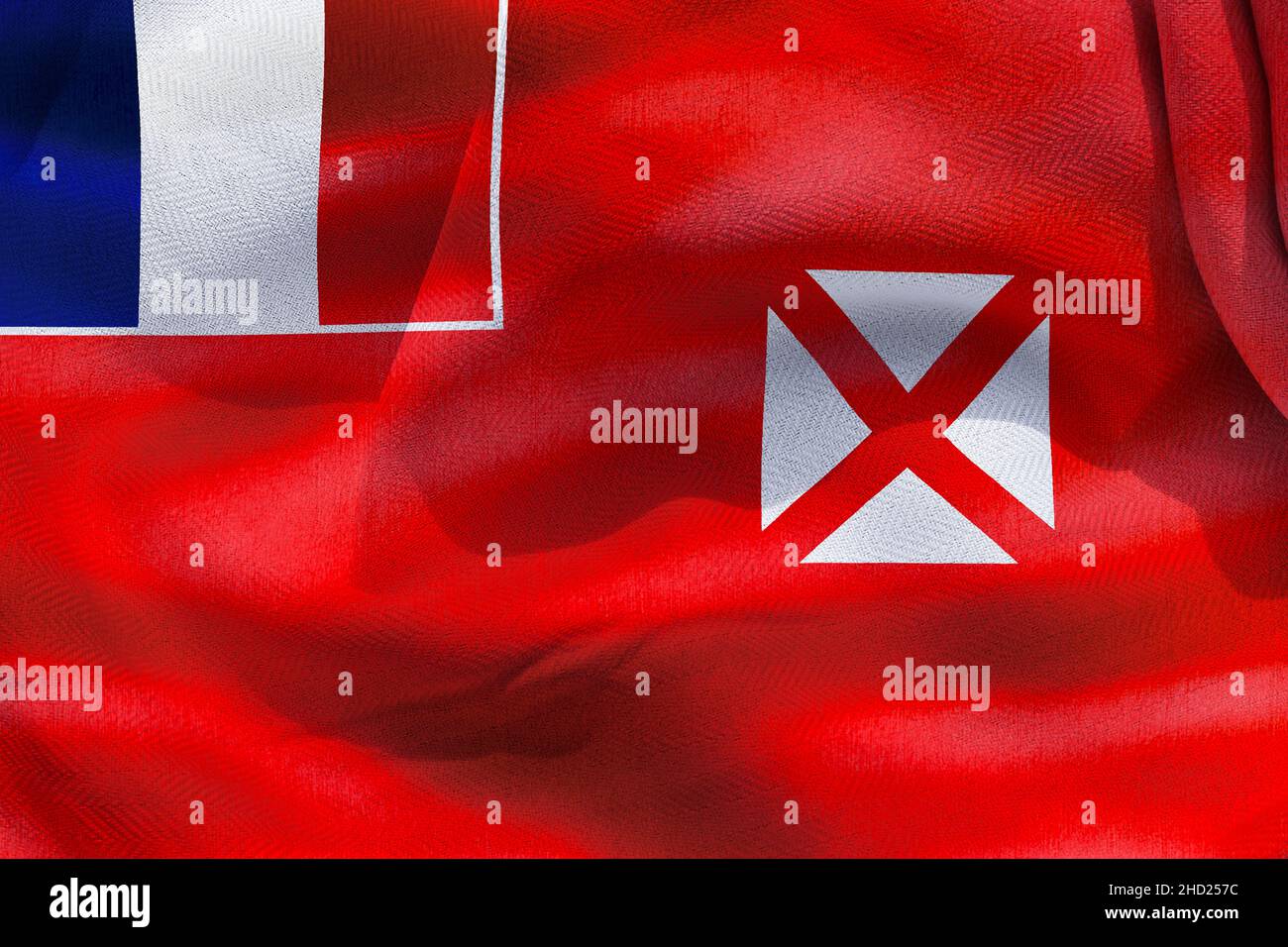 3D-Illustration einer Wallis- und Futuna-Flagge - realistisch winkende Stoffflagge. Stockfoto