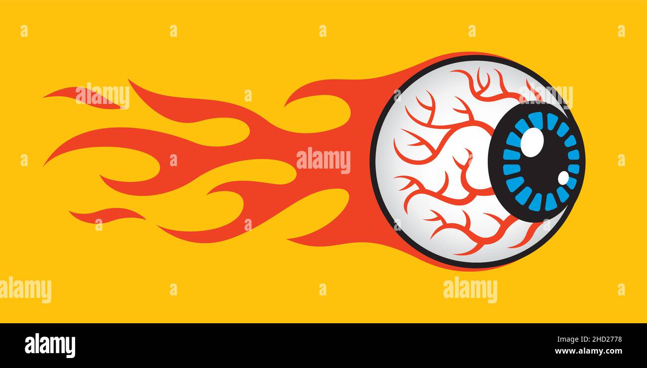 Vector Graphic: Brennender Brennender Eyeball. Vektor-Illustration eines menschlichen Augapfels, der in Flammen steht und durch die Luft fliegt und eine Spur von Flammen hinter sich lässt Stock Vektor