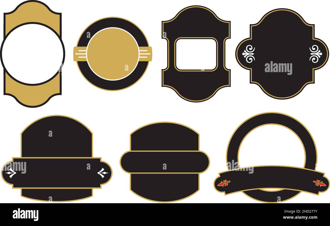 Set aus Abzeichen oder Logo-Designs. Set aus sieben Vektorrahmen, Formen, Banner und Ornamenten für die Herstellung von Abzeichen, Logos oder Insignien. Stock Vektor