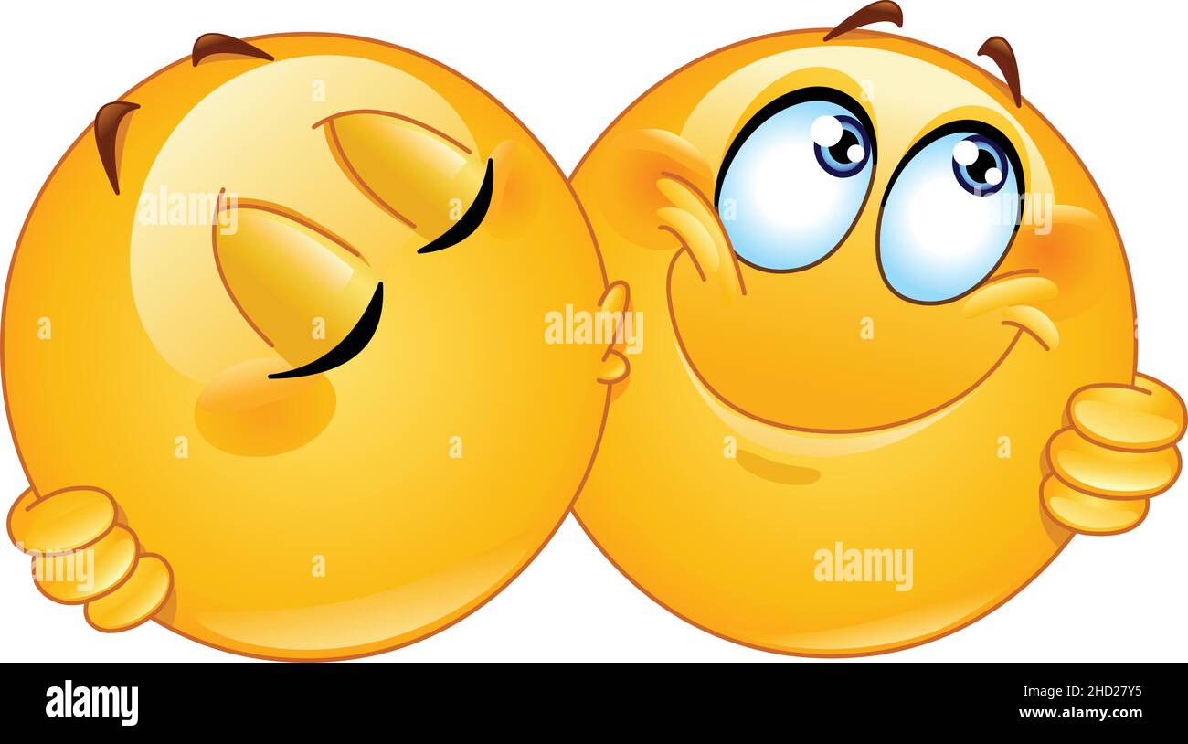 Zwei Emoji-Emoticons, die sich auf die Wange küssen und umarmen Stock Vektor
