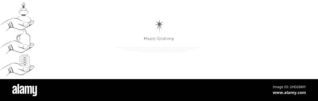 Vektor-Illustration von Epiphany, einem christlichen Fest. Abstrakte Hände von 3 Königen mit Geschenken. Das Fest der Erscheinung des Herrn. L'Epifania. Stock Vektor