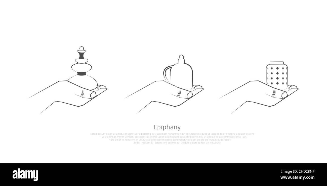 Vektor-Illustration von Epiphany, einem christlichen Fest. Abstrakte Hände von 3 Königen mit Geschenken. Das Fest der Erscheinung des Herrn. L'Epifania. Stock Vektor