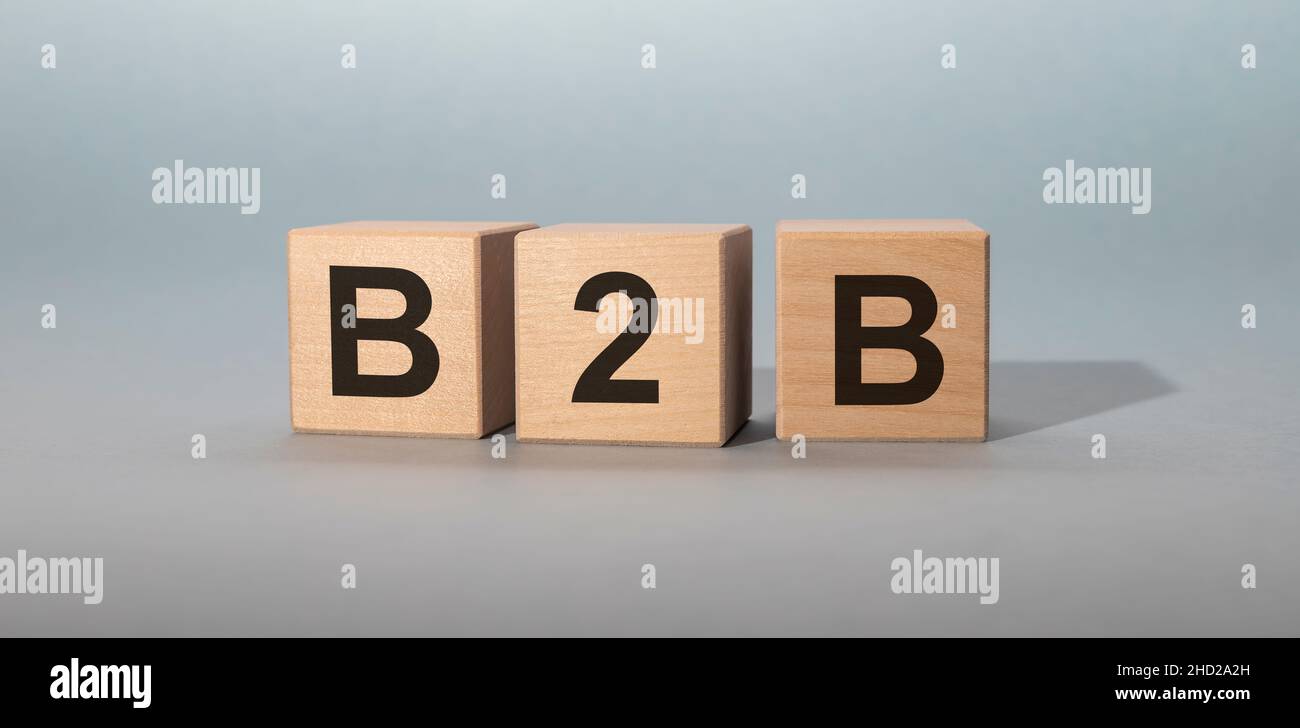 Akronym B2B – Business to Business. Holzwürfel mit Buchstaben isoliert auf grauem Hintergrund. Image des Geschäftskonzepts. Stockfoto