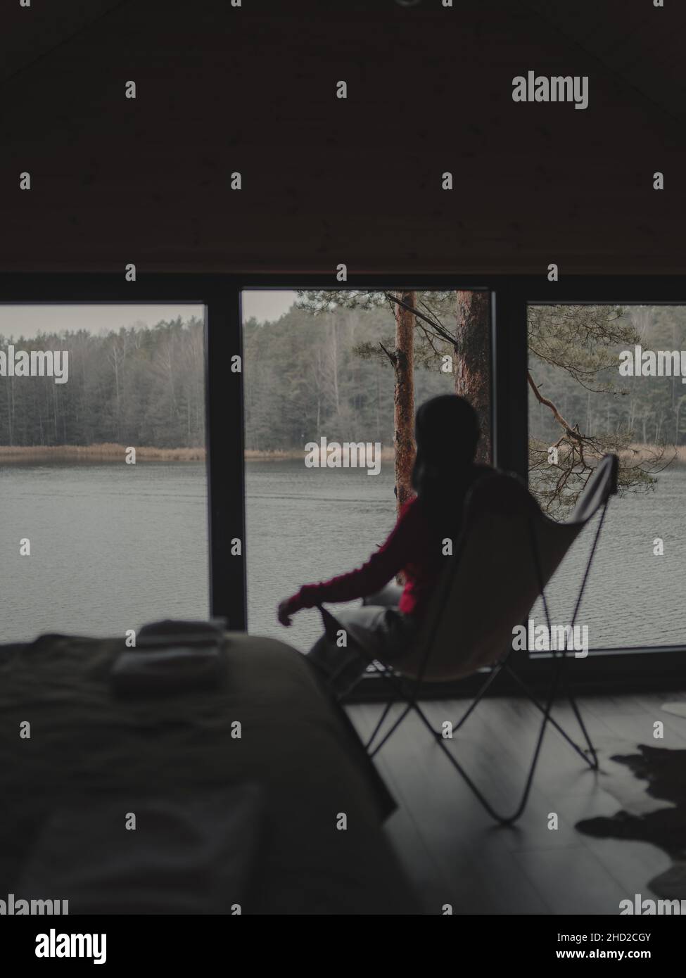 Vertikale Aufnahme einer Person, die auf einem Schmetterlingsstuhl in einer Hütte sitzt und den See und den Wald betrachtet Stockfoto