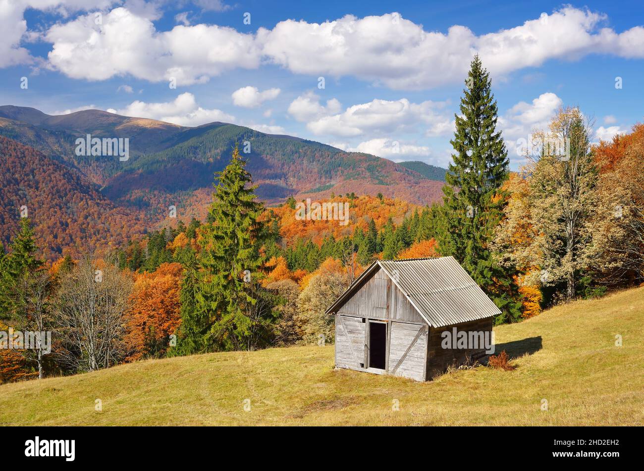 Herbst Landschaft in den Bergen. Sonnigen Tag. Ferienhaus aus Holz in einem Bergwald. Karpaten, Ukraine, Europa Stockfoto