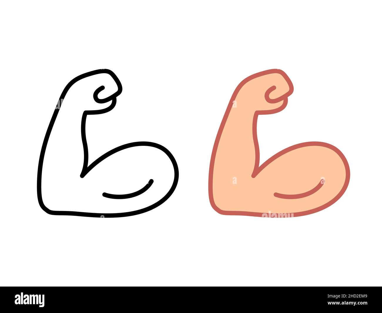 Gebeugte Bicep-Emoji. Starkes Arm-Symbol in zwei Stilen, schwarze Linie Symbol und flache Cartoon-Farbe. Vektorgrafik. Stock Vektor