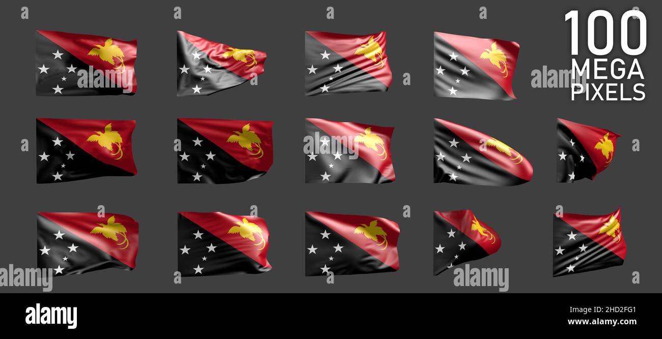 Papua-Neuguinea-Flagge isoliert - verschiedene Bilder der wehenden Flagge auf grauem Hintergrund - Objekt 3D Abbildung Stockfoto