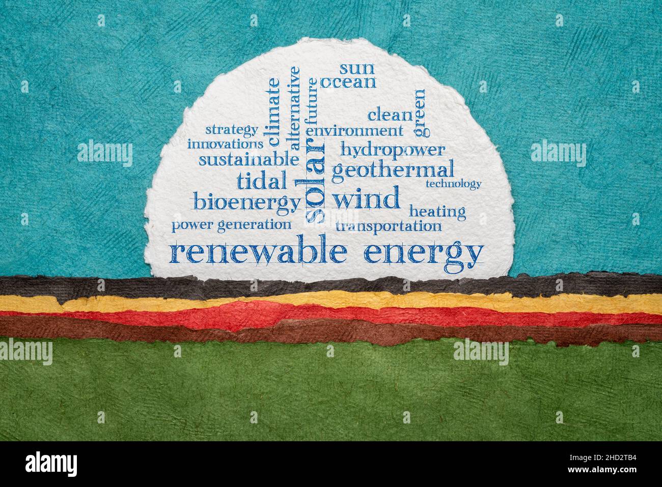 Erneuerbare Energie Wortwolke auf einem kreisförmigen Aquarellpapier gegen bunte abstrakte Landschaft Stockfoto