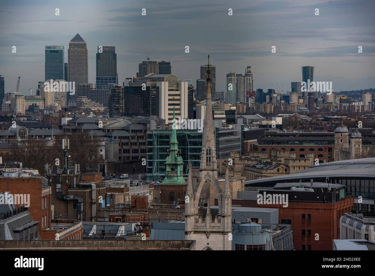 London, England – 20. Februar 2017: Stadtbild des Londoner Geschäftsviertels, Blick aus der Luft. Stockfoto