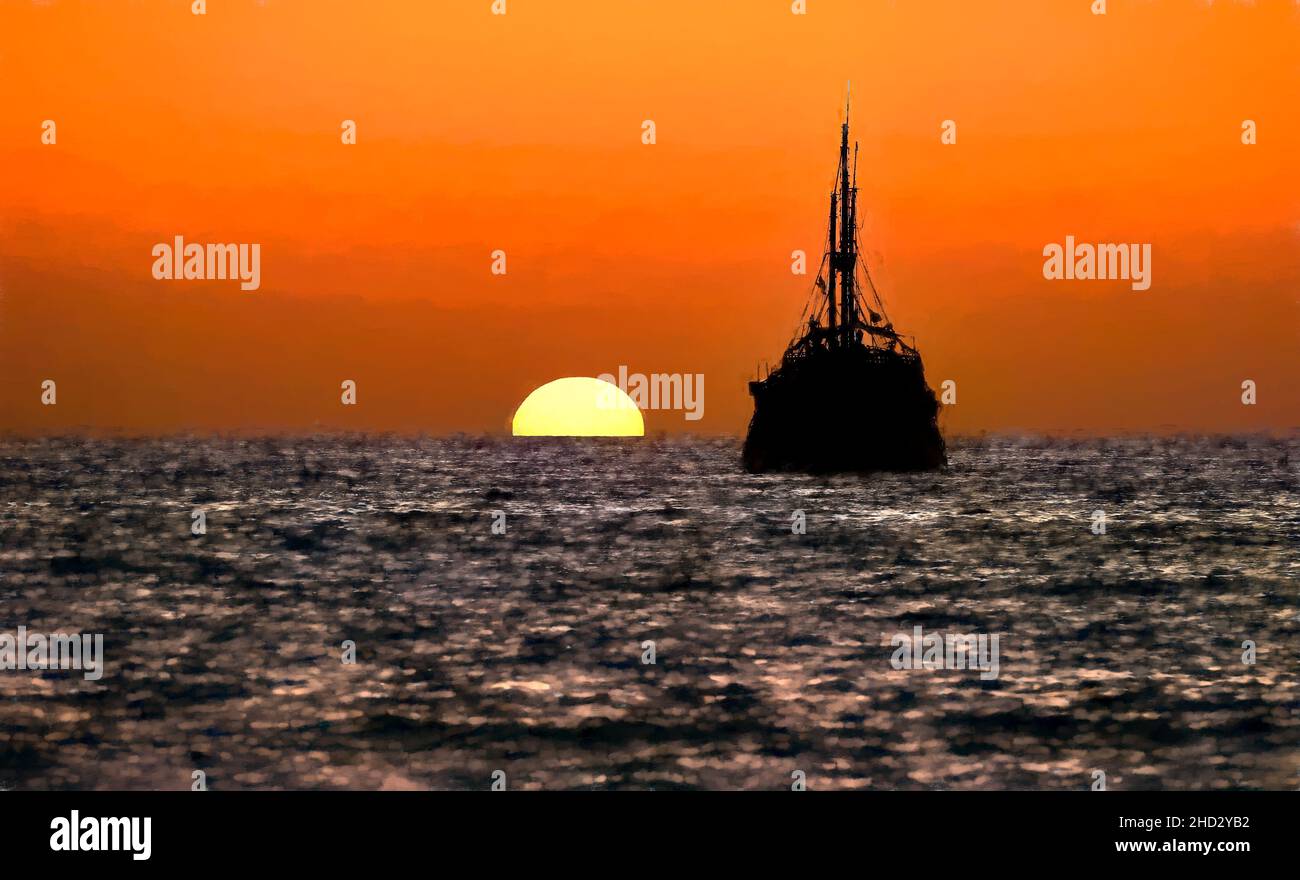 Piratenschiff Ocean Sunset Silhouette ist ein altes hölzernes Piratenschiff mit vollen Flaggen, wenn die Sonne am Ozeanhorizont in einem bunten Sonnenuntergangshimmel untergeht Illustr Stockfoto