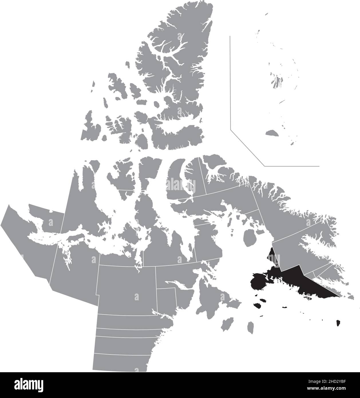 Schwarz flach leer markiert Lageplan des SOUTH BAFFIN Distrikts innerhalb grauer Verwaltungskarte der territorialen Wahlbezirke von Canadi Stock Vektor