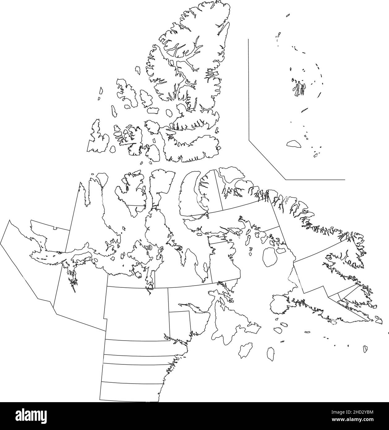 Weiße flache leere Vektor-Verwaltungskarte der territorialen Wahlbezirke des kanadischen Territoriums von NUNAVUT, KANADA mit schwarzen Grenzlinien von Stock Vektor