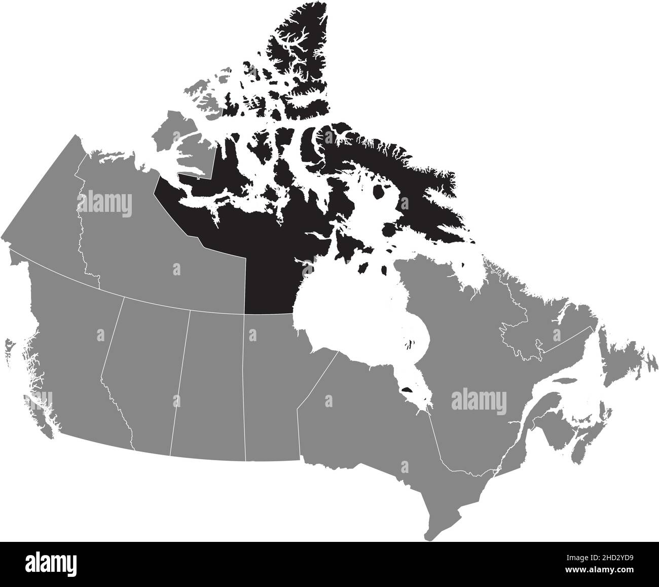 Schwarz flach leer markiert Standort Verwaltungskarte des kanadischen Territoriums von NUNAVUT innen grau flache Karte von KANADA Stock Vektor