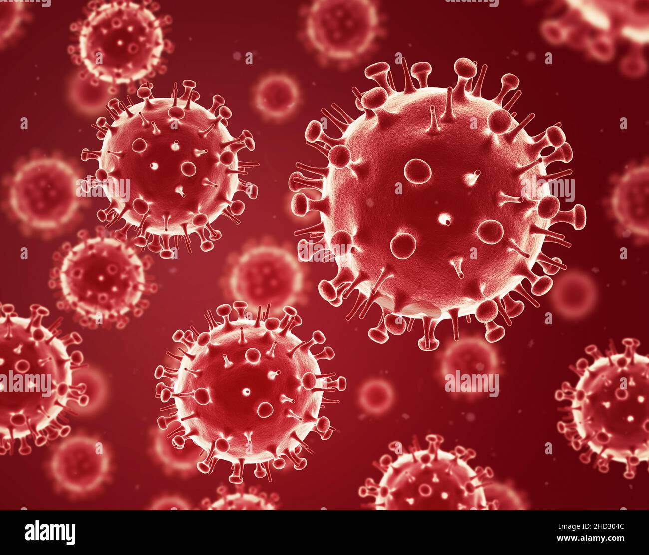Influenza-Virus. Roter Hintergrund. 3D Abbildung. Grippevirus. Stockfoto