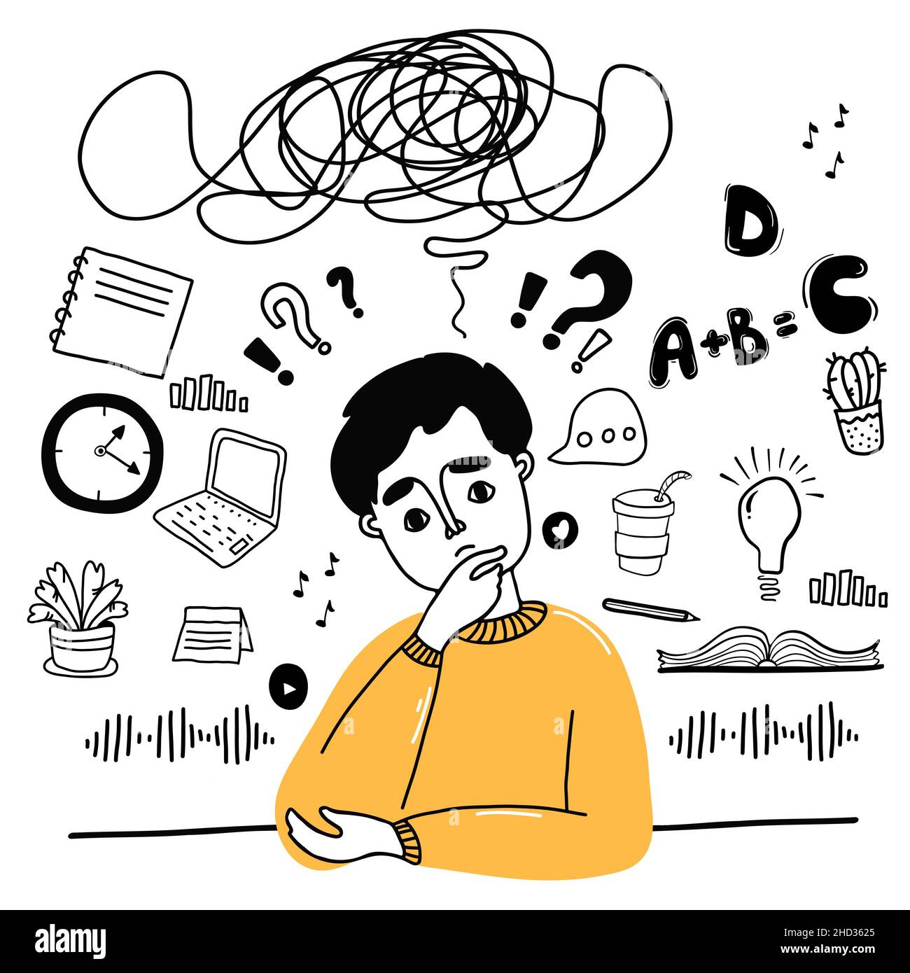 Großer Satz von Linienzeichnungen über Gedanken und Aufgaben. Nachdenklicher Mann, Gedanken und Formeln, Bücher, Studie, Laptop. Vektorgrafik in handgezeichneter Doodl Stock Vektor