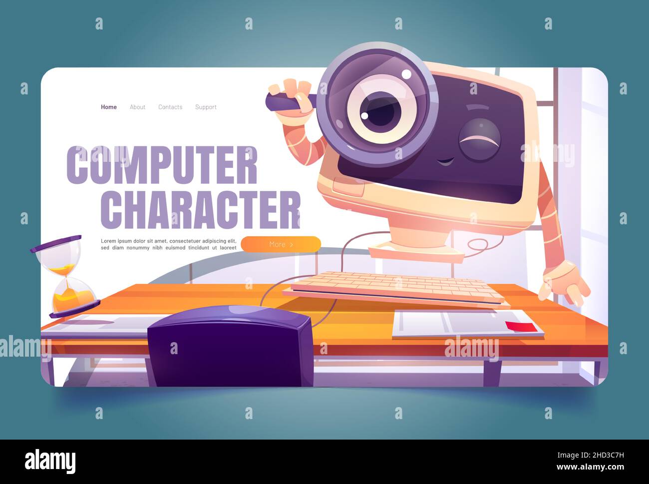 Computerfigur am Schreibtisch Cartoon Landing Page. Netter pc-Desktop mit lächelndem Gesicht, Blick durch die Lupe. Person für elektronische Geräte, Recherche von Geschäftsinformationen, Vector-Webbanner Stock Vektor