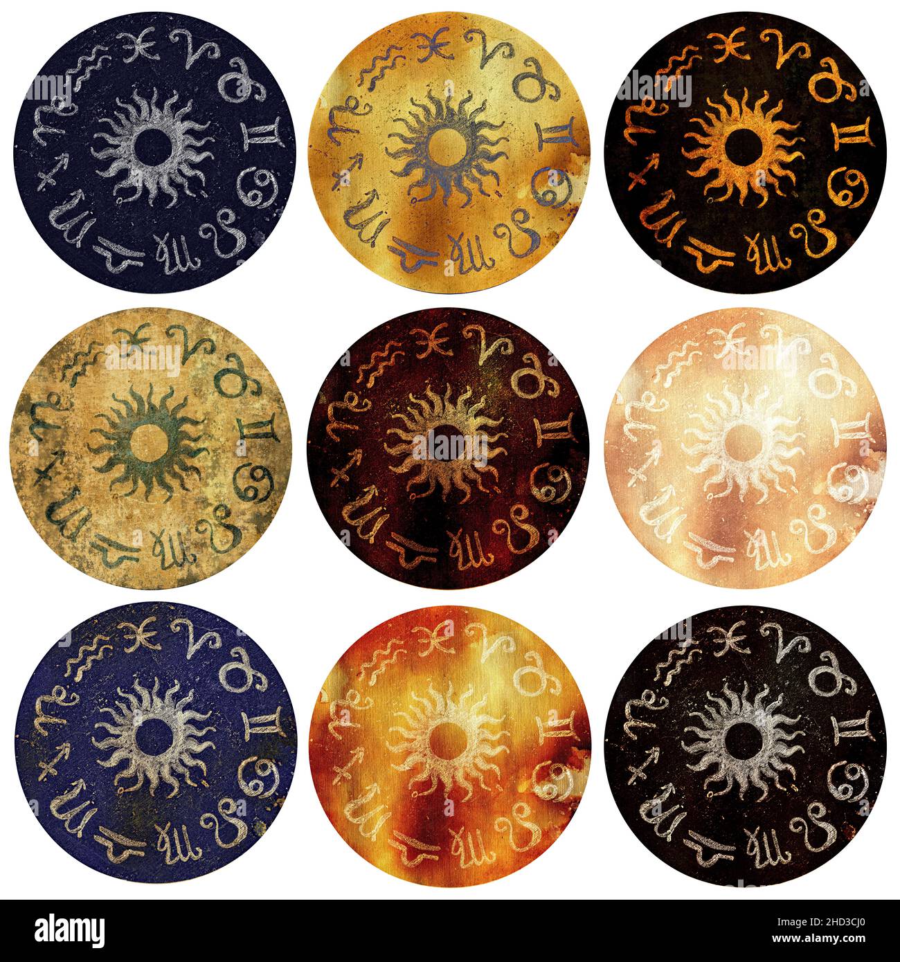 Design Clip Art Set mit magischen Siegeln, Stempel oder Druck mit Symbolen des Tierkreises Horoskop isoliert auf weißem Hintergrund. Esoterisch, Gothic, Wicca und okkult Stockfoto