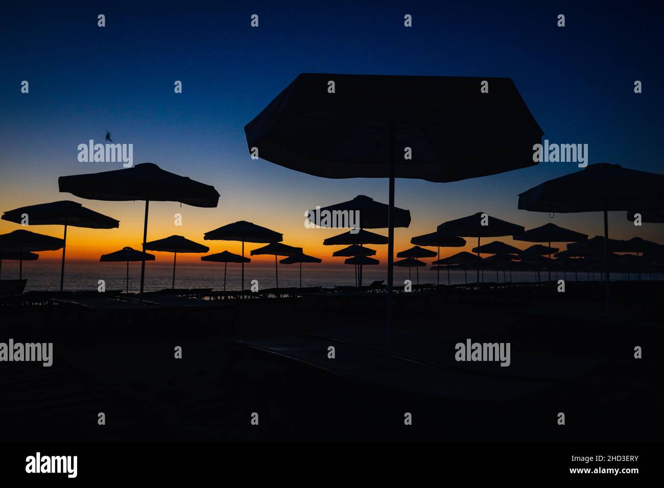 Silhouetten von Sonnenschirmen am Strand kurz vor dem Sonnenaufgang an einem ruhigen und warmen Sommermorgen am Schwarzen Meer im Obzor Resort in Bulgarien. Stockfoto