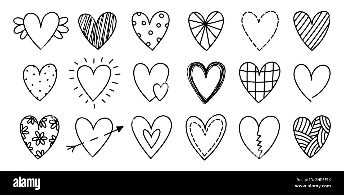 Set von niedlichen Doodle Herzen für Valentinstag isoliert auf weißem Hintergrund. Handgezeichnete Vektorgrafik. Perfekt für Urlaubsdesigns, Karten, Einladungen, Dekorationen. Romantische Clipart-Kollektion. Stock Vektor