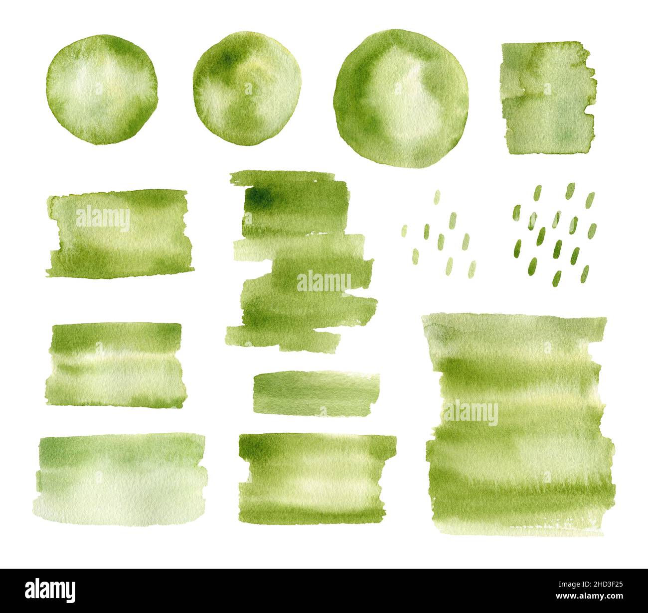 Satz von abstrakten Aquarellflecken und Pinselstrichen von grüner Farbe isoliert auf weißem Hintergrund. Runde und rechteckige Farbflecken. Perfekt für Dekorationen, Karten, verschiedene Designs. Stockfoto