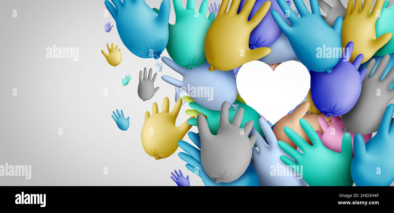 Vereintes Gesundheitskonzept und kommunale Krankenhausmitarbeiter oder medizinische Gruppe für die Grundversorgung als Symbol für die medizinische Teamarbeit als Gruppe von Ballons. Stockfoto