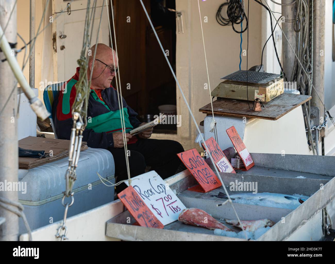Fischer verkaufen Fisch auf dem lokalen Whraf Fischmarkt in Richmond BC, Kanada. Meeresfrüchte auf dem Fischmarkt-Oktober 11,2021. Straßenansicht, Reisefoto, se Stockfoto
