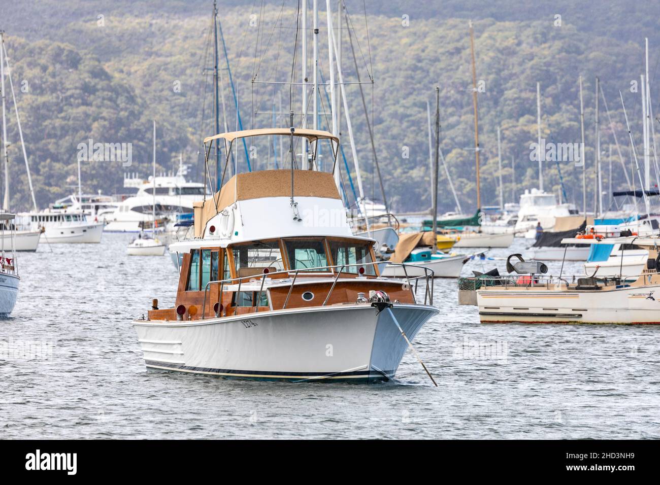 Halvorsen Holzboot, ein 40 Fuß großer Flybridge Cruiser, der in der Carel Bay in Sydney, NSW, Australien, festgemacht ist Stockfoto