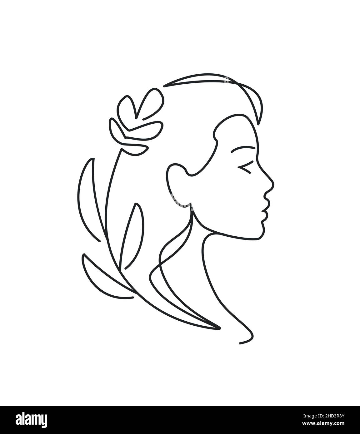 Schönes Mädchen mit Blättern Logo. Weibliche Schönheit Emblem Linie Zeichnung. Vektorgrafik Stock Vektor