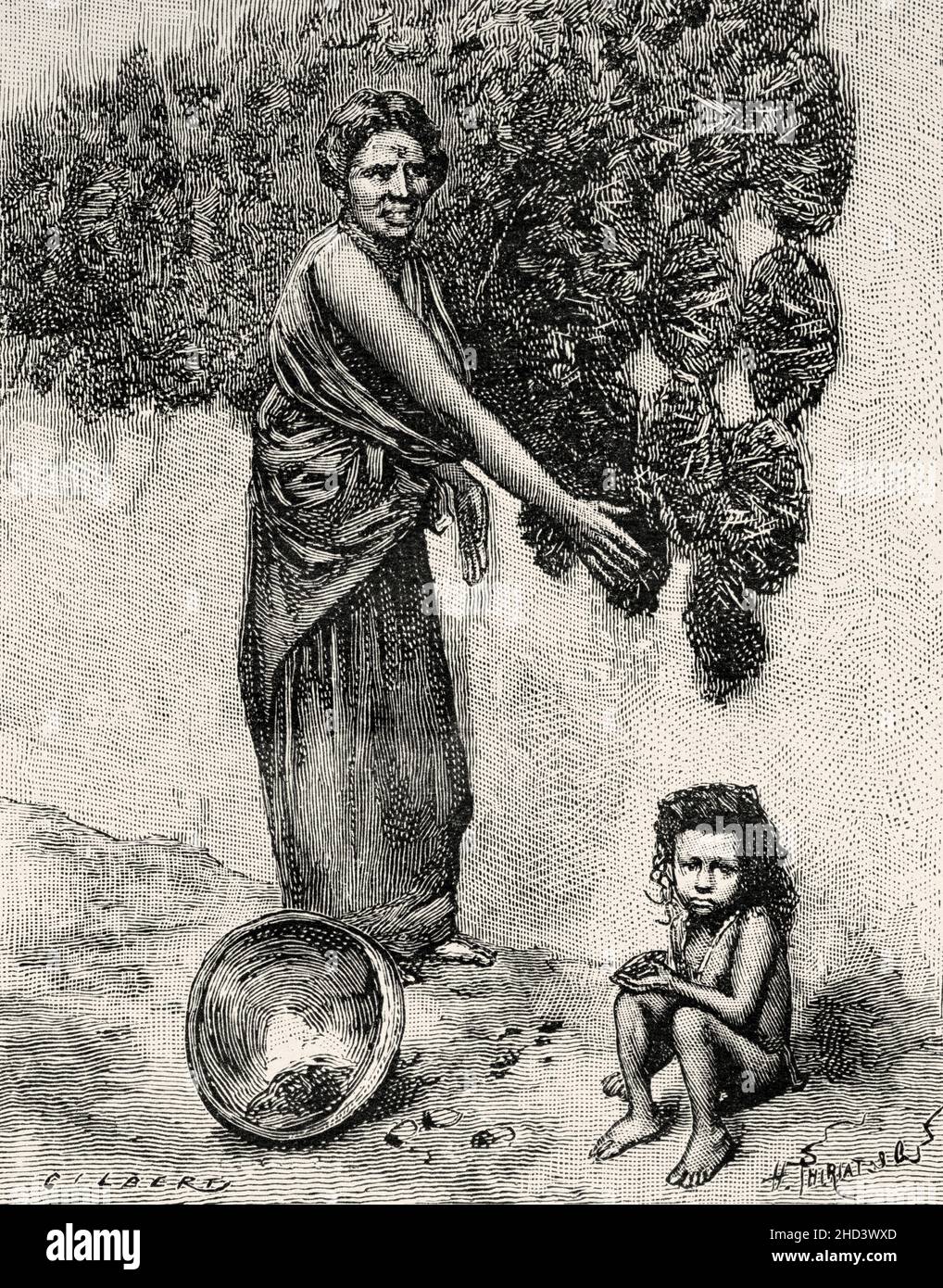 Hindu-Frau, die Kuhmist auf die Wand eines Hauses drückt, Indien, Asien. Alte, gravierte Illustration aus dem 19th. Jahrhundert von La Nature 1885 Stockfoto