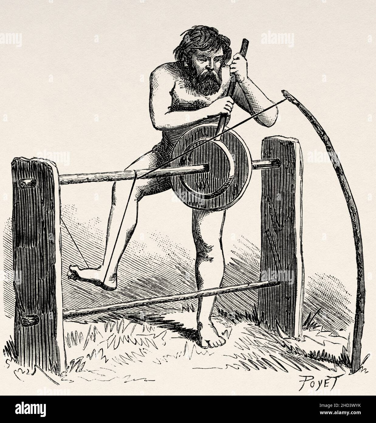 Die primitive Drehmaschine. Alte, gravierte Illustration aus dem 19th. Jahrhundert von La Nature 1885 Stockfoto