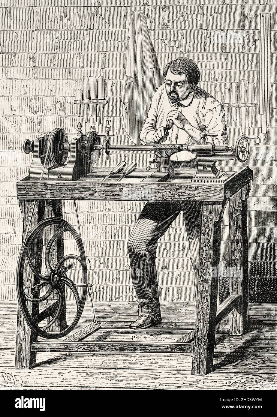 Manuelle Drehmaschine aus dem 19th. Jahrhundert. Alte, gravierte Illustration aus dem 19th. Jahrhundert von La Nature 1885 Stockfoto