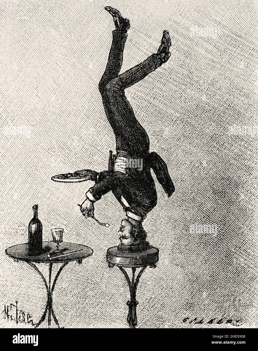 Stärke und Geschick, Jongleur im Gleichgewicht auf dem Kopf im Champs-Elysees-Zirkus, Paris. Frankreich. Alte, gravierte Illustration aus dem 19th. Jahrhundert von La Nature 1885 Stockfoto