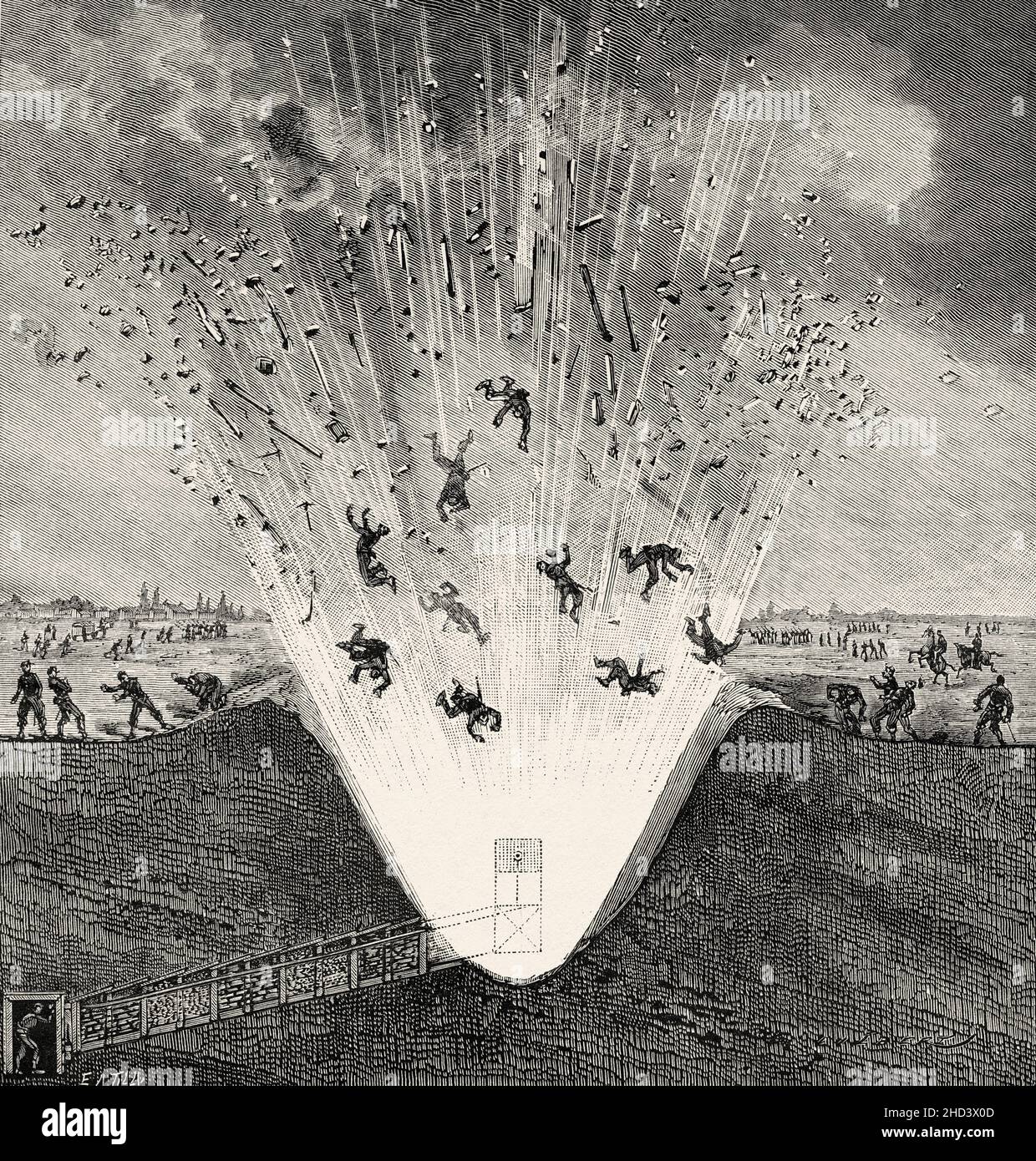 Die Katastrophe von Arras, 6. Oktober 1885. Versehentliche Explosion einer Kriegsmine, Frankreich. Alte, gravierte Illustration aus dem 19th. Jahrhundert von La Nature 1885 Stockfoto