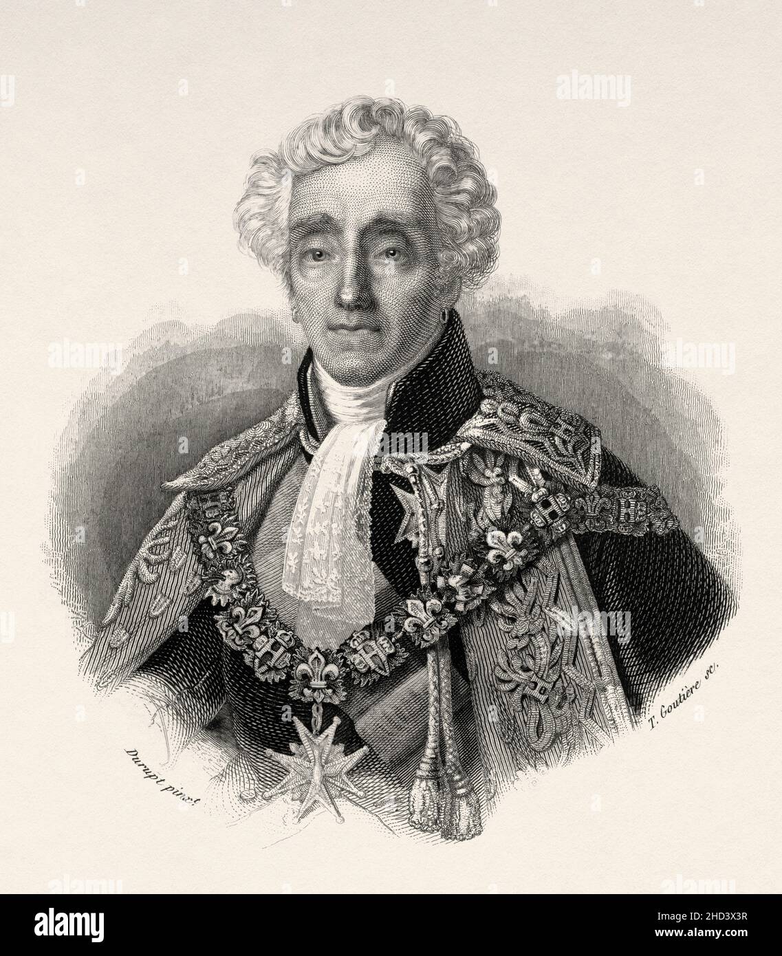 Ambroise-Polycarpe de La Rochefoucauld (1765-1841) 1st Herzog von Doudeauville, war ein französischer Soldat und Politiker des 18th. Und 19th. Jahrhunderts. Frankreich. Europa. Alte gravierte Illustration aus dem 19th. Jahrhundert von Portraits et histoire des hommes utile von Societe Montyon et Franklin 1837 Stockfoto