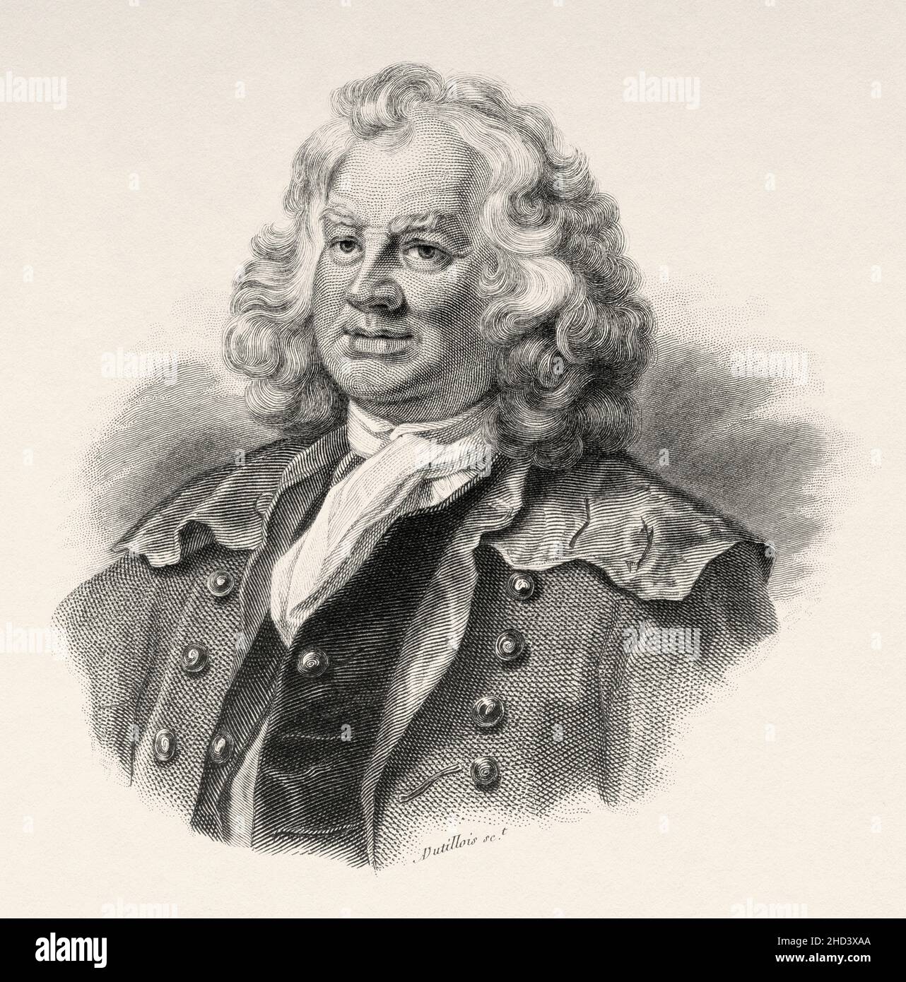 Kapitän Thomas Coram (1668-1751) war ein Philanthrope, der das London Foundling Hospital in Lambs Conduit Fields, Bloomsbury, gründete, um verlassene Kinder auf den Straßen Londons zu pflegen. VEREINIGTES KÖNIGREICH. Europa. Alte gravierte Illustration aus dem 19th. Jahrhundert von Portraits et histoire des hommes utile von Societe Montyon et Franklin 1837 Stockfoto