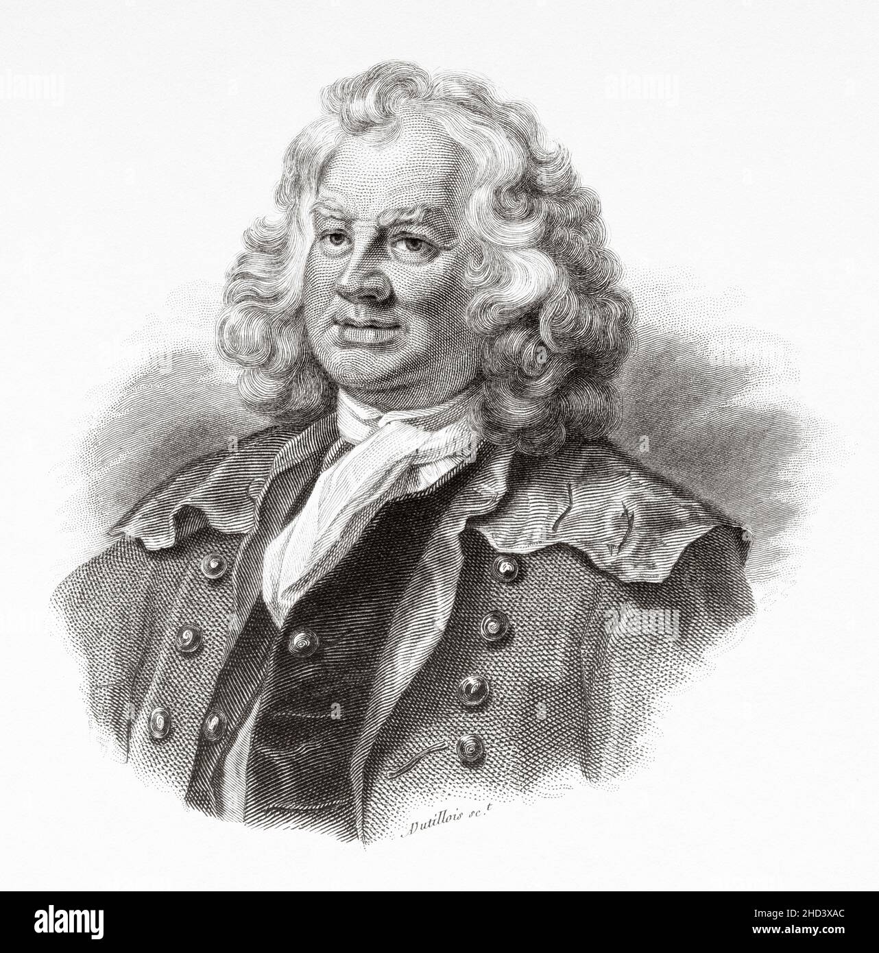 Kapitän Thomas Coram (1668-1751) war ein Philanthrope, der das London Foundling Hospital in Lambs Conduit Fields, Bloomsbury, gründete, um verlassene Kinder auf den Straßen Londons zu pflegen. VEREINIGTES KÖNIGREICH. Europa. Alte gravierte Illustration aus dem 19th. Jahrhundert von Portraits et histoire des hommes utile von Societe Montyon et Franklin 1837 Stockfoto