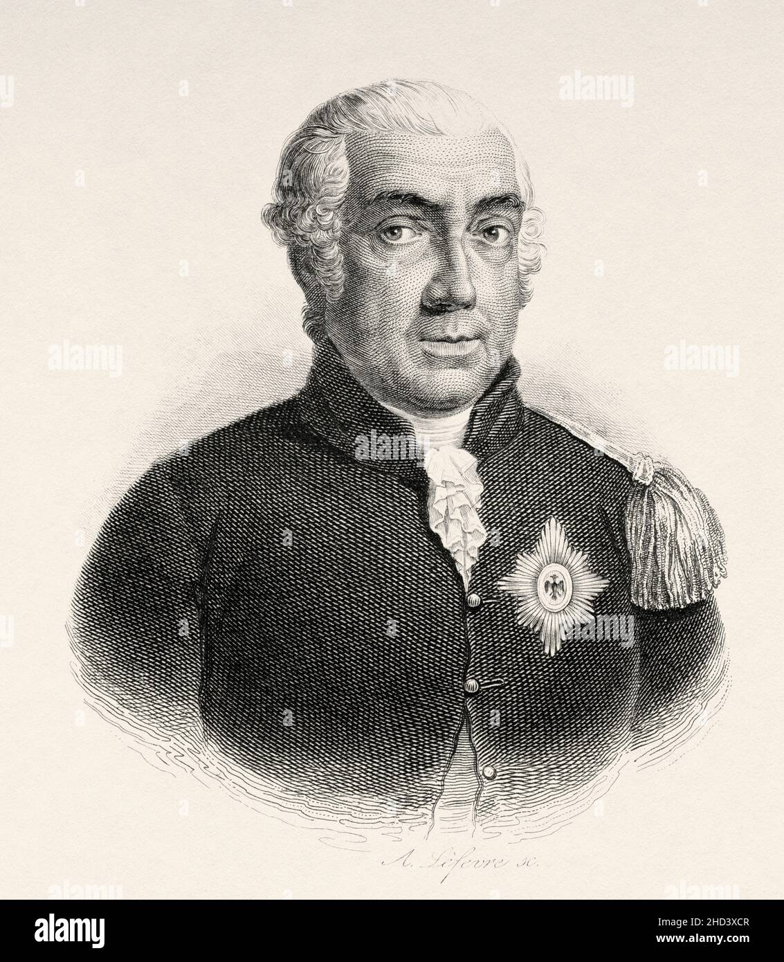 Leopold III. Friedrich Franz, Herzog von Anhalt-Dessau (1740-1817), bekannt als Prinz Franz oder Vater Franz, war ein deutscher Fürst des Hauses Ascania. Von 1751 bis 1807 war er regierender Fürst des Fürstentums Anhalt-Dessau und ab 1807 erster Herzog des Herzogtums Anhalt-Dessau. Europa. Alte gravierte Illustration aus dem 19th. Jahrhundert von Portraits et histoire des hommes utile von Societe Montyon et Franklin 1837 Stockfoto