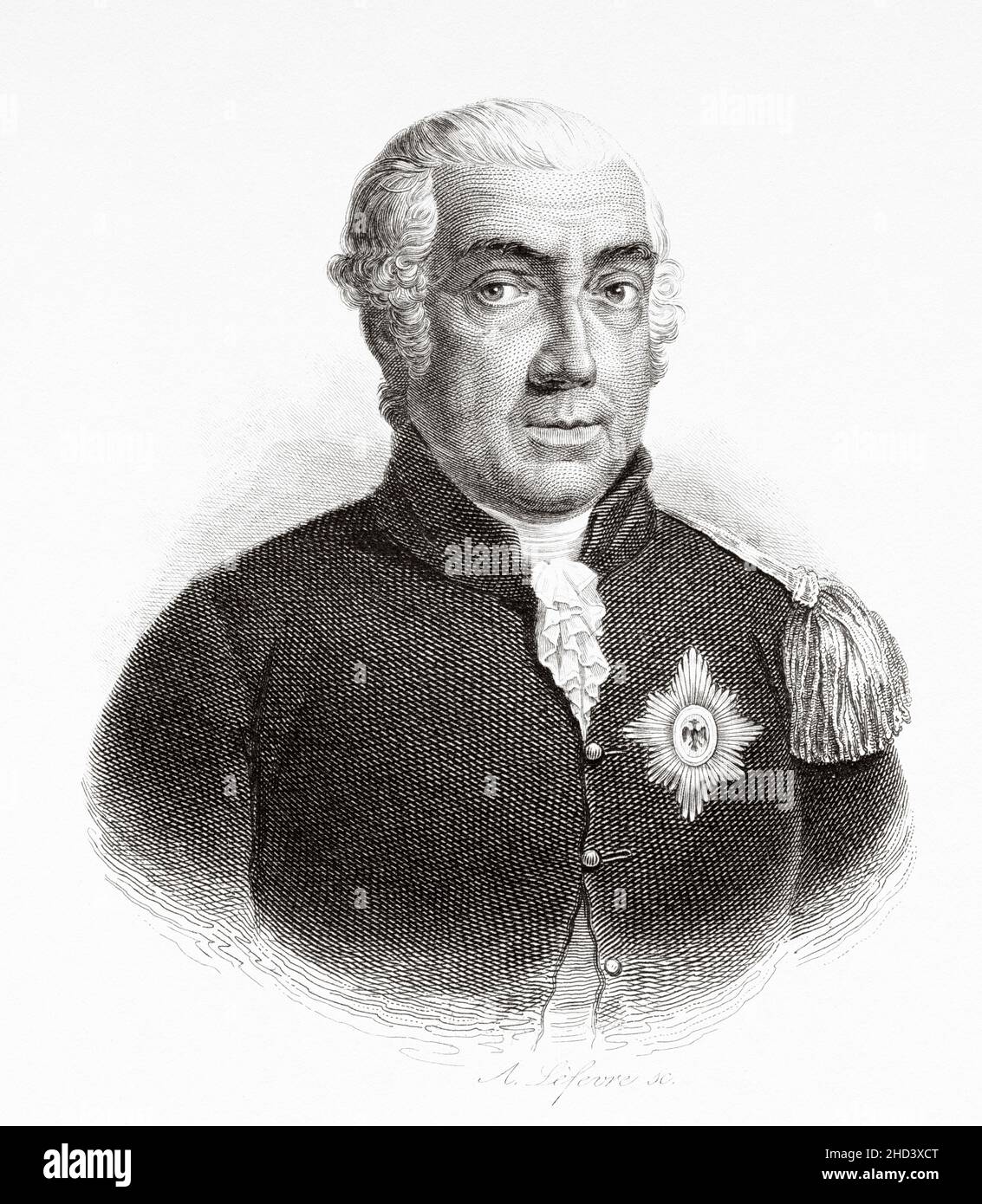 Leopold III. Friedrich Franz, Herzog von Anhalt-Dessau (1740-1817), bekannt als Prinz Franz oder Vater Franz, war ein deutscher Fürst des Hauses Ascania. Von 1751 bis 1807 war er regierender Fürst des Fürstentums Anhalt-Dessau und ab 1807 erster Herzog des Herzogtums Anhalt-Dessau. Europa. Alte gravierte Illustration aus dem 19th. Jahrhundert von Portraits et histoire des hommes utile von Societe Montyon et Franklin 1837 Stockfoto